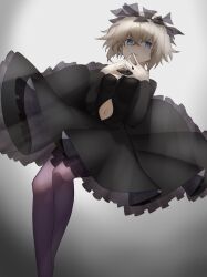 Rule 34 | 1girl, am isuel, black dress, blue eyes, breasts, cleavage cutout, clothing cutout, dress, head wreath, highres, layered dress, lolita fashion, long sleeves, navel, navel cutout, pale skin, pantyhose, rance (series), simple background, small breasts, white hair, yononaka