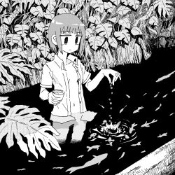 Rule 34 | 1girl, aremoyou, breasts, closed mouth, commentary request, dress shirt, expressionless, feeding, fish, fish food, foliage, food, greyscale, hands up, highres, holding, holding food, jitome, leaf, looking down, monochrome, naked shirt, open clothes, open shirt, original, outdoors, plant, ripples, river, screentones, shirt, short hair, small breasts, solo, splashing, wading