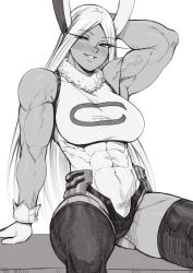 Rule 34 | 1girl, absurdres, animal ears, arm behind head, bare shoulders, blush, boku no hero academia, breasts, commentary, covered abs, covered navel, crescent print, dark-skinned female, dark skin, english commentary, fur collar, gloves, greyscale, highleg, highleg leotard, highres, large breasts, leotard, long eyelashes, long hair, looking at viewer, mirko, monochrome, muscular, muscular female, obliques, parted bangs, parted lips, rabbit ears, rabbit girl, sitting, sleeveless turtleneck leotard, smile, solo, speedl00ver, taut leotard, thick thighs, thighhighs, thighs, veins, veiny arms, very long hair, white gloves, white hair, white leotard