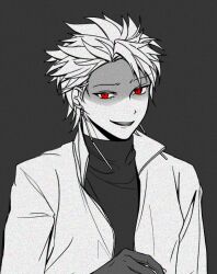 Rule 34 | 1boy, b1ue e4rth, commentary request, earrings, gloves, grey background, greyscale, jacket, jewelry, korean commentary, male focus, monochrome, open clothes, open jacket, red eyes, saibou shinkyoku, shaded face, short hair, simple background, smile, solo, spot color, sweater, theodore riddle, turtleneck, turtleneck sweater, upper body