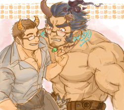 Rule 34 | 2boys, 392mondo, abs, alternate costume, bara, beard, belt, blue hair, blush, broken horn, commentary request, couple, dark blue hair, demon boy, demon horns, facial hair, fang, feet out of frame, fiery horns, glasses, horns, jewelry, large pectorals, long sideburns, male focus, protagonist 3 (housamo), mature male, multiple boys, muscular, muscular male, necklace, necklace pull, no nipples, oni horns, partially unbuttoned, pectorals, scar, scar on neck, sharp teeth, short hair, sideburns, skull belt, stomach, stubble, takemaru (housamo), teeth, thick eyebrows, tokyo houkago summoners, topless male, yaoi