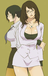 Rule 34 | 2girls, arm rest, blazer, blue eyes, breasts, brown hair, cleavage, erica patricia takanami, formal, glasses, head tilt, holon, jacket, jewelry, large breasts, long hair, multiple girls, necklace, necktie, non-web source, office lady, pantyhose, pencil skirt, real drive, simple background, skirt, skirt suit, suit, thighs