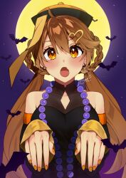 Rule 34 | 1girl, absurdres, ahoge, artist name, bare shoulders, bat (animal), bead necklace, beads, blush, braid, breasts, brown hair, chika yukiyuki, china dress, chinese clothes, clothing cutout, collarbone, commentary, detached sleeves, dress, earrings, english commentary, fang, full moon, hair between eyes, hair ornament, halloween, halloween costume, happy halloween, hat, highres, jewelry, jiangshi costume, leo (symbol), long hair, looking at viewer, low twintails, medium breasts, moon, necklace, night, night sky, ofuda, open mouth, orange eyes, orange nails, qingdai guanmao, re:act, shishigami leona, signature, skin fang, sky, solo, star (sky), twintails, twitter username, virtual youtuber