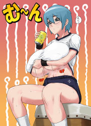 Rule 34 | 1girl, blue hair, breasts, can, clothes lift, covered erect nipples, glasses, gym uniform, huge breasts, japanese text, shirt lift, short hair, sitting, solo, sweat, tagme, underboob, usatarou
