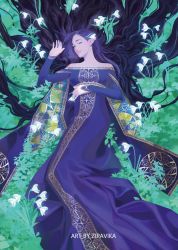 Rule 34 | 1girl, artist name, black hair, closed mouth, commentary, dress, elf, english commentary, closed eyes, facing viewer, gradient hair, hair ornament, hair spread out, hand on own chest, highres, tolkien&#039;s legendarium, long hair, long sleeves, luthien, lying, multicolored hair, off-shoulder dress, off shoulder, on back, pointy ears, purple dress, purple hair, sleeping, smile, solo, the silmarillion, very long hair, zipavika