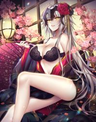 Rule 34 | 1girl, alternate costume, bad id, bad twitter id, bare legs, bare shoulders, blush, bra, breasts, cherry blossoms, commentary, fate/grand order, fate (series), flower, folding fan, hair flower, hair ornament, hand fan, headpiece, japanese clothes, jeanne d&#039;arc (fate), jeanne d&#039;arc alter (avenger) (fate), jeanne d&#039;arc alter (fate), kimono, lantern, large breasts, lingerie, lipstick, long hair, looking at viewer, makeup, mallizmora, navel, open clothes, open kimono, smoking pipe, silver hair, solo, underwear, very long hair, yellow eyes