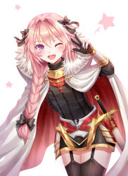 Rule 34 | 1boy, ;d, arm behind back, arm up, armor, astolfo (fate), bad id, bad pixiv id, black bow, black gloves, black ribbon, black shirt, black thighhighs, blush, bow, braid, buckle, cape, cloak, cowboy shot, cross, fang, fate/apocrypha, fate (series), faulds, fur-trimmed cape, fur collar, fur trim, garter straps, gauntlets, gloves, hair between eyes, hair bow, hair intakes, hair over shoulder, hair ribbon, highres, leaning forward, legs together, long hair, long sleeves, looking at viewer, male focus, multicolored hair, one eye closed, open mouth, pink hair, purple eyes, red cloak, ribbon, scabbard, seungju lee, sheath, sheathed, shirt, single braid, smile, solo, standing, star (symbol), starry background, streaked hair, sword, thighhighs, trap, w, weapon, white background, white cloak, white hair