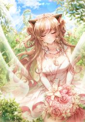 Rule 34 | 1girl, absurdres, blush, bouquet, breasts, brown hair, cleavage, closed eyes, closed mouth, collarbone, dated, dress, facing viewer, flower, girls&#039; frontline, highres, holding, holding bouquet, huge filesize, jewelry, large breasts, lily (flower), long hair, menna (0012), mk23 (girls&#039; frontline), necklace, smile, solo, twintails, twitter username, very long hair, wavy hair, wedding dress