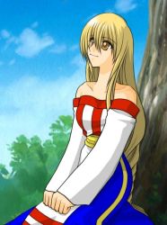 Rule 34 | 1girl, arc the lad, arc the lad ii, bare shoulders, blonde hair, brown eyes, clo-via, dress, female focus, lieza (arc the lad), long hair, looking up, nature, outdoors, sitting, sky, solo, tree