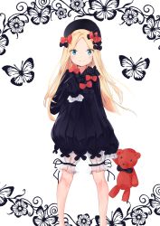 Rule 34 | 1girl, abigail williams (fate), absurdres, black bow, black dress, black hat, blonde hair, bloomers, blue eyes, blush, bow, bug, butterfly, closed mouth, commentary request, dress, fate/grand order, fate (series), feet out of frame, forehead, hair bow, hat, highres, holding, holding stuffed toy, insect, long hair, long sleeves, looking at viewer, orange bow, parted bangs, polka dot, polka dot bow, sleeves past fingers, sleeves past wrists, smile, solo, stuffed animal, stuffed toy, teddy bear, underwear, very long hair, white background, white bloomers, yukaa