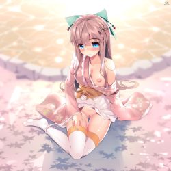 Rule 34 | absurdres, blue eyes, blush, bow, breasts, closed mouth, commentary request, green bow, hair between eyes, hair bow, highres, japanese clothes, kimono, long hair, long sleeves, natsumiya yuzu, nipples, one breast out, original, pink hair, pussy, solo, thighhighs, white thighhighs