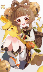Rule 34 | 1girl, :d, absurdres, basket, bell, bloomers, blunt bangs, boots, bow-shaped hair, braid, brown eyes, brown hair, chinese clothes, commentary request, doll, genshin impact, hair bell, hair ornament, hairclip, highres, holding, holding doll, knee boots, knees together feet apart, knees up, long hair, long sleeves, looking at viewer, open mouth, radish, sidelocks, simple background, sitting, smile, solo, stuffed animal, stuffed rabbit, stuffed toy, twin braids, underwear, white background, white bloomers, xishuu (user dvah3828), yaoyao (genshin impact), yuegui (genshin impact)
