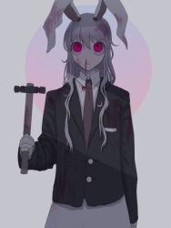 Rule 34 | 1girl, animal ears, black jacket, blood, blood drip, blood drop, blood in hair, blood on clothes, blood on face, blood stain, bloody weapon, breast pocket, buttons, circlet, collared shirt, crescent, crescent moon, crescent pin, hair between eyes, hammer, holding, holding hammer, holding weapon, jacket, long hair, long sleeves, looking up, messy hair, moon, n0een, necktie, pale skin, pin, pink skirt, pocket, purple hair, rabbit ears, rabbit girl, red eyes, red necktie, reisen udongein inaba, shirt, simple background, skirt, sleeves past wrists, third-party source, touhou, very long hair, weapon, white background, white fur, white shirt