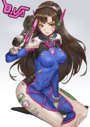 Rule 34 | 1girl, bodysuit, breasts, brown eyes, brown hair, canking, covered navel, d.va (overwatch), facial mark, gloves, gun, headphones, holding, holding gun, holding weapon, long hair, md5 mismatch, medium breasts, overwatch, overwatch 1, pilot suit, resolution mismatch, sitting, skin tight, smile, solo, source larger, swept bangs, weapon, whisker markings, white gloves