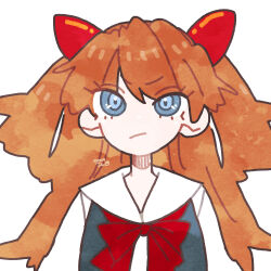 Rule 34 | 1girl, blue eyes, bow, brown hair, bunnyhuman, commentary, english commentary, eyelashes, frown, highres, interface headset, long hair, neon genesis evangelion, no nose, red bow, school uniform, signature, simple background, solo, souryuu asuka langley, tokyo-3 middle school uniform, upper body, white background