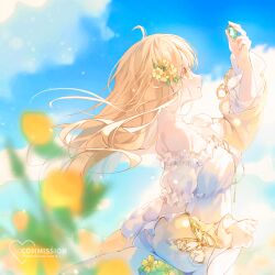 Rule 34 | 1girl, absurdres, ahoge, bare shoulders, blonde hair, blue sky, blurry, blurry foreground, butterfly ornament, cloud, cloudy sky, commentary, commission, day, dress, flower, from side, gem, hair flower, hair ornament, hair spread out, highres, holding, holding gem, long hair, original, patch oxxo, sky, solo, strapless, strapless dress, symbol-only commentary, upper body, white dress, wide sleeves, yellow eyes, yellow flower