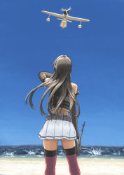 Rule 34 | 10s, 1girl, aircraft, airplane, arm up, bare shoulders, beach, belt, black gloves, black hair, black vest, blue sky, cowboy shot, day, elbow gloves, from behind, gloves, unworn headgear, horizon, kantai collection, long hair, looking up, miniskirt, motion blur, motor vehicle, nagato (kancolle), ocean, outdoors, propeller, red thighhighs, seaplane, shore, skirt, sky, solo, standing, thighhighs, vehicle, vent arbre, vest, water, white skirt, zettai ryouiki