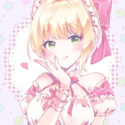 Rule 34 | 1girl, blonde hair, bow, breasts, closed mouth, eyelashes, green eyes, hair bow, heart, highres, idolmaster, idolmaster cinderella girls, idolmaster cinderella girls starlight stage, medium breasts, miyamoto frederica, mugi (user khzh5853), pink bow, short hair, smile, solo, tongue, tongue out, upper body