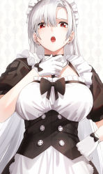 Rule 34 | 1girl, :o, apron, asymmetrical bangs, black bow, bow, breasts, corset, cowboy shot, earrings, gloves, hand on own hip, hand on own chest, highres, jewelry, kfr, large breasts, looking at viewer, maid, maid headdress, open mouth, original, patterned background, pocket, red eyes, short sleeves, solo, sweat, underbust, waist apron, white apron, white gloves