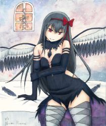 Rule 34 | 10s, 1girl, akemi homura, akuma homura, bare shoulders, black hair, breasts, character name, cleavage, cranks-mag, dated, elbow gloves, feathers, gloves, head tilt, highres, mahou shoujo madoka magica, mahou shoujo madoka magica: hangyaku no monogatari, marker (medium), painting (medium), red eyes, ribbon, small breasts, solo, thighhighs, thighs, traditional media, watercolor (medium), watercolor pencil (medium), window, wings