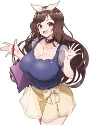 Rule 34 | 1girl, 96nokimihito, bag, bow hairband, breasts, brooch, brown hair, choker, cleavage, commentary request, hair ribbon, hairband, highres, idolmaster, idolmaster shiny colors, jewelry, large breasts, long hair, looking at viewer, miniskirt, open hands, pink eyes, puffy short sleeves, puffy sleeves, ribbon, see-through, see-through sleeves, short sleeves, skirt, solo, tote bag, tsukioka kogane, white background, white hairband, yellow skirt
