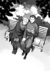 Rule 34 | 1boy, 1girl, absurdres, amestris military uniform, bench, black eyes, black hair, blackfoxes, blonde hair, blurry, boots, borrowed clothes, bush, chair, coat, depth of field, expressionless, fingernails, from above, full body, fullmetal alchemist, greyscale, highres, leaf, leaning on person, leaning to the side, military, military uniform, monochrome, notebook, outdoors, paper, riza hawkeye, roy mustang, shadow, short hair, side-by-side, sitting, sleeping, sleeping on person, smile, tree, uniform, unworn coat