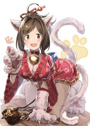 Rule 34 | 1girl, absurdres, all fours, animal ears, animal hands, bag, bell, blunt bangs, blush, breasts, brown hair, cat, cat ears, cat tail, claws, cleavage, collar, fang, foreshortening, granblue fantasy, hair ornament, hair up, handbag, highres, idolmaster, idolmaster cinderella girls, japanese clothes, kimono, large breasts, looking at viewer, maekawa miku, neck bell, open mouth, parted bangs, paw print, paw print pattern, paw shoes, ponytail, red kimono, ribbon, shoes, short hair, smile, swepot, tail, thighs, wooden floor, yellow eyes, yellow ribbon