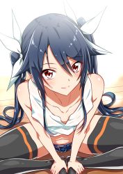 Rule 34 | 1girl, bare arms, bare shoulders, black hair, black thighhighs, blue shorts, butterfly sitting, closed mouth, collarbone, commentary request, denim, denim shorts, flat chest, from above, hair between eyes, hair ribbon, hands on own feet, highres, long hair, looking at viewer, navel, on floor, ore twintail ni narimasu, red eyes, ribbon, shirt, shorts, sidelocks, sitting, smile, solo, swept bangs, tank top, thighhighs, tsube aika, twintails, very long hair, white ribbon, white shirt, wooden floor, yuto (dialique)