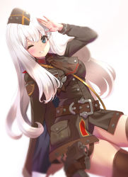 Rule 34 | 1girl, arm up, bad id, bad pixiv id, black thighhighs, blue eyes, blurry, blush, brown thighhighs, depth of field, garrison cap, hat, highres, holster, long hair, looking at viewer, military, military uniform, miyaza, one eye closed, original, parted lips, smile, solo, thigh holster, thighhighs, uniform, white hair