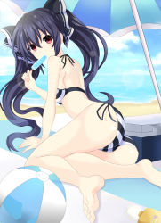 Rule 34 | 1girl, absurdres, barefoot, beach, bikini, black bikini, black hair, blush, breasts, cameltoe, day, food, from behind, front-tie top, hair ornament, highres, ice cream, long hair, looking at viewer, looking back, medium breasts, neptune (series), noire (neptunia), ocean, ramu-on@ shinon, red eyes, ribbon, sideboob, sitting, soles, solo, striped bikini, striped clothes, swimsuit, twintails