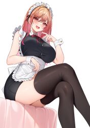 Rule 34 | 1girl, absurdres, apron, black dress, black thighhighs, blush, breasts, crossed legs, dress, earrings, frills, gold earrings, hair ornament, hairpin, highres, holika baby, hololive, hololive dev is, ichijou ririka, jewelry, large breasts, long hair, looking at viewer, maid, maid apron, maid headdress, open mouth, orange eyes, orange hair, simple background, sitting, smile, solo, thighhighs, virtual youtuber, waist apron, white apron, white background, wrist cuffs