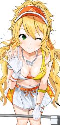 Rule 34 | 1girl, alternate costume, blonde hair, blush, breasts, cleavage, closed mouth, commentary request, cowboy shot, fingerless gloves, flag, gloves, green eyes, hair between eyes, hand up, highres, holding, holding flag, hoshii miki, idolmaster, idolmaster (classic), jewelry, leaning forward, long hair, looking at viewer, medium breasts, miniskirt, necklace, notice lines, one eye closed, orange ribbon, pleated skirt, ribbon, sidelocks, simple background, skirt, smile, solo, split mouth, sports bra, standing, star (symbol), straight-on, v-shaped eyebrows, very long hair, visor cap, waving, wavy hair, white background, white gloves, white skirt, zenoo