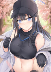 Rule 34 | 1girl, 1other, bare shoulders, baseball cap, black gloves, black hair, black headwear, black shirt, blue archive, blue eyes, blurry, breasts, cleavage, closed mouth, colored inner hair, crop top, depth of field, gloves, halo, hat, highres, holding hands, jacket, large breasts, long hair, long sleeves, looking at viewer, midriff, multicolored hair, navel, off shoulder, open clothes, open jacket, pov, pov hands, saori (blue archive), see-through, see-through cleavage, shirt, sleeveless, sleeveless shirt, smile, solo focus, stomach, upper body, white jacket, yougenko