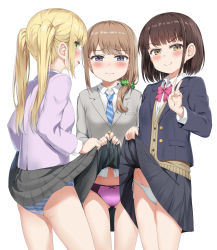 Rule 34 | &gt;:), 3girls, :p, ass, black jacket, black skirt, blazer, blonde hair, blue neckwear, blue panties, blush, bow, bowtie, breasts, brown eyes, brown hair, clothes lift, collared shirt, commentary request, gluteal fold, green eyes, grey jacket, hair over shoulder, highres, jacket, lifted by self, long hair, long sleeves, low ponytail, miniskirt, multiple girls, naughty face, navel, nedia (nedia region), open clothes, open jacket, original, panties, pink bow, pink jacket, pink neckwear, pink panties, presenting, purple eyes, shirt, short hair, side-tie panties, simple background, skirt, skirt lift, small breasts, smile, smug, striped clothes, striped neckwear, striped panties, thighs, tongue, tongue out, twintails, underwear, upskirt, v, v-shaped eyebrows, wavy mouth, white background, white panties, white shirt