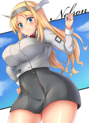 Rule 34 | 1girl, black skirt, blonde hair, blue eyes, blush, breasts, character name, closed mouth, grey jacket, hair between eyes, hand on own hip, headgear, jacket, kantai collection, large breasts, long hair, long sleeves, military, military uniform, miniskirt, nelson (kancolle), piyobomu, red neckwear, skirt, smile, solo, uniform