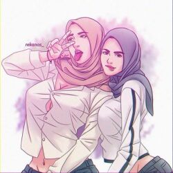 Rule 34 | 2girls, breasts, buttons, cleavage, female focus, hijab, huge breasts, looking at viewer, multiple girls, naughty face, navel, rekanas, simple background, tongue, tongue out, v over eye