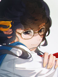 Rule 34 | 1girl, black hair, blouse, chinese commentary, floating hair, glasses, grey eyes, hand on own arm, highres, looking to the side, original, school uniform, serafuku, shirt, solo, white background, white shirt, yidie