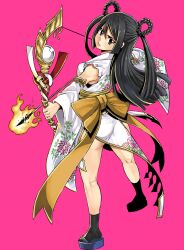 Rule 34 | 1girl, black hair, bow, bow (weapon), brown eyes, detached sleeves, flaming arrow, full body, gate of nightmares, hairstyle request, highres, holding, holding weapon, japanese clothes, long hair, looking at viewer, mashima hiro, official art, robe, sandals, socks, solo, transparent background, weapon, white robe, white sleeves, white socks, yellow bow, yurina (gate of nightmares)