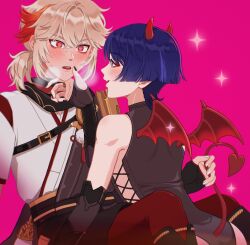 Rule 34 | 2boys, blue eyes, blue hair, blush, demon boy, demon horns, demon tail, demon wings, fang, genshin impact, heart, heart-shaped pupils, highres, holding another&#039;s tail, horns, kaedehara kazuha, looking at another, multicolored hair, multiple boys, nail polish, pink background, red eyes, red hair, scaramouche (genshin impact), short hair, short ponytail, sswd, symbol-shaped pupils, tail, white hair, wings, yaoi