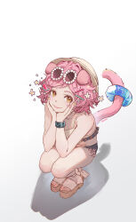 Rule 34 | 1girl, absurdres, animal ears, arknights, bikini, cat ears, cat tail, commentary request, eureka1812, eyewear on head, goldenglow (arknights), goldenglow (summer flowers) (arknights), gradient background, grey background, hair ornament, hands up, hat, highres, infection monitor (arknights), looking at viewer, multicolored nails, pink hair, platform footwear, sandals, short hair, smile, solo, squatting, sunglasses, swimsuit, tail, tail ornament, tail raised, tail ring, thighs, toes, white background
