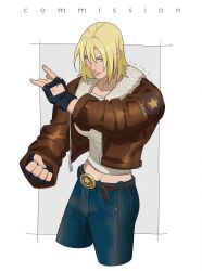 Rule 34 | 1girl, absurdres, belt, blonde hair, blue eyes, bomber jacket, breasts, brown jacket, denim, fatal fury, fingerless gloves, garou: mark of the wolves, genderswap, genderswap (mtf), gloves, highres, jacket, jeans, lais leite, long sleeves, looking at viewer, midriff, pants, shirt, short hair, simple background, smile, snk, solo, terry bogard, the king of fighters