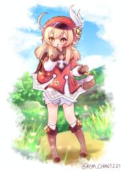 Rule 34 | 1girl, ahoge, aya chan1221, backpack, bag, blonde hair, bloomers, blue sky, boots, brown footwear, brown gloves, brown scarf, cabbie hat, clenched hand, cloud, cloudy sky, clover print, coat, finger to mouth, full body, genshin impact, gloves, grass, hair between eyes, hat, hat feather, hat ornament, highres, index finger raised, klee (genshin impact), knee boots, kneehighs, long hair, long sleeves, looking away, low twintails, orange eyes, picnic basket, pocket, pointy ears, randoseru, red coat, red hat, scarf, sidelocks, sky, socks, solo, standing, symbol-shaped pupils, twintails, underwear