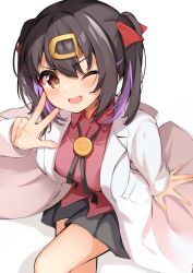 Rule 34 | 1girl, ;d, black hair, black skirt, bolo tie, brown eyes, commentary, hair between eyes, hair ornament, hair ribbon, hairclip, highres, lab coat, light blush, long sleeves, looking at viewer, medium hair, multicolored hair, one eye closed, onii-chan wa oshimai!, open mouth, oyama mihari, purple hair, red ribbon, red shirt, ribbon, shirt, simple background, skirt, smile, solo, streaked hair, takumin dx, twintails, two-tone hair, w, white background, wing collar