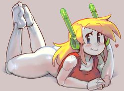 Rule 34 | 1girl, android, ass, barefoot, blonde hair, blue eyes, blush, breasts, buttons, colored skin, commentary, curly brace, doukutsu monogatari, english commentary, feet up, heart, joints, legs up, long hair, looking at viewer, lying, medium breasts, on stomach, robot ears, robot joints, smile, soles, solo, source request, tank top, the pose, wamudraws, white skin