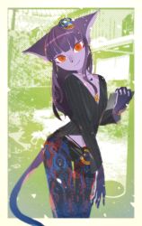 Rule 34 | 1girl, animal ears, black shirt, blouse, cat ears, cat tail, colored skin, female focus, furry, furry female, green background, hair ornament, head tilt, highres, idkuroi, jewelry, looking at viewer, multicolored pants, necklace, noire kooshe, orange eyes, original, pants, purple hair, shirt, sidelocks, smile, solo, tail, v-neck