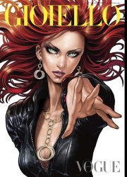 Rule 34 | 10s, 1girl, black bodysuit, bodysuit, breasts, cartier, cleavage, cover, earrings, eyelashes, facing viewer, fake cover, fake magazine cover, fashion, fingernails, floating hair, foreshortening, green eyes, italian text, jean grey, jewelry, leather, leathersuit, long fingernails, long hair, looking at viewer, magazine cover, marvel, medium breasts, necklace, outstretched arms, outstretched hand, parted lips, phoenix (x-men), red hair, simple background, solo, superhero costume, takeda sana, translated, unzipped, upper body, vogue (magazine), white background, x-men