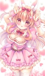 Rule 34 | 1girl, :d, animal ear fluff, animal ears, arms up, blurry, blurry background, blush, bow, breasts, brown hair, chinese zodiac, cleavage, commentary request, depth of field, dress, frilled dress, frills, hair between eyes, hair bow, hair ornament, heart, highres, kouta., looking at viewer, medium breasts, open mouth, original, pink dress, pleated dress, puffy short sleeves, puffy sleeves, rabbit ears, rabbit girl, rabbit hair ornament, rabbit tail, red bow, red eyes, short sleeves, smile, solo, tail, thighhighs, white background, white thighhighs, wrist cuffs, year of the rabbit