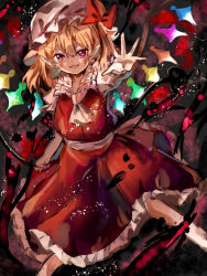 Rule 34 | 1girl, ascot, back bow, blonde hair, bow, collared shirt, commentary, feet out of frame, flandre scarlet, frilled shirt collar, frilled skirt, frills, hair between eyes, hat, hat bow, hat ribbon, holding, holding polearm, holding weapon, laevatein (touhou), large bow, looking at viewer, medium hair, mob cap, multicolored wings, open mouth, pointy ears, polearm, puffy short sleeves, puffy sleeves, red background, red bow, red eyes, red ribbon, red skirt, red theme, red vest, ribbon, shirt, short sleeves, skirt, skirt set, solo, sutaku77224, touhou, triangle mouth, v-shaped eyebrows, vest, weapon, white bow, white hat, white shirt, wings
