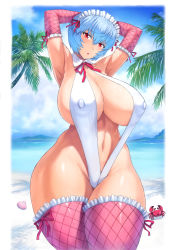 Rule 34 | 1girl, absurdres, alternate breast size, armpits, arms behind head, arms up, ayanami rei, blue hair, breasts, cleavage, covered erect nipples, crab, curvy, day, fishnet sleeves, fishnet thighhighs, fishnets, hair between eyes, head tilt, highres, huge breasts, looking at viewer, maid headdress, mogudan, navel, neon genesis evangelion, one-piece swimsuit, outdoors, red eyes, short hair, slingshot swimsuit, solo, standing, swimsuit, thick thighs, thighhighs, thighs, white one-piece swimsuit, wide hips