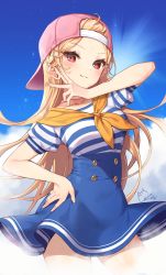 Rule 34 | 1girl, absurdres, ahoge, backwards hat, bare shoulders, blonde hair, blue skirt, blue sky, blush, breasts, closed mouth, cloud, cloudy sky, commentary request, commission, day, forehead, hand on own hip, hat, high-waist skirt, highres, konbu (hida123), long hair, medium breasts, off-shoulder shirt, off shoulder, original, outdoors, pink hat, puffy short sleeves, puffy sleeves, red eyes, shirt, short sleeves, signature, skirt, sky, smile, solo, striped clothes, striped shirt, very long hair